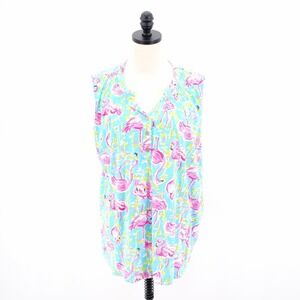 Jason Maxwell 2XL Blouse Sleeveless V-Neck Button Down Top Teal‎ Pink Flamingo